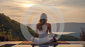 Young woman doing Yoga and stretching muscle in morning, wellness, fitness, Vitality, healthy girl meditation against mountain