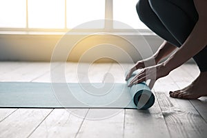 Young Woman Doing Yoga Twist Mat Healthy Lifestyle