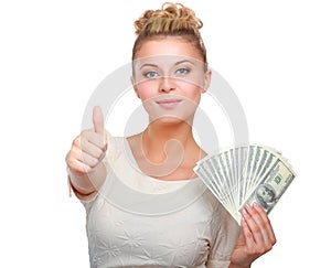 Young woman with dollar notes in her hand. Isolated on white background