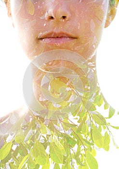 Young woman double exposure portrait with leaves