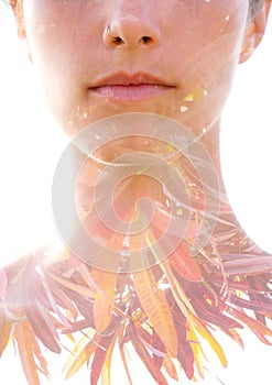 Young woman double exposure portrait with leaves