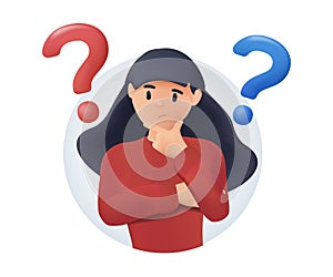 Young woman doubts and questioning everything. Business young girl in casual clothes surrounded by a question mark. 3D