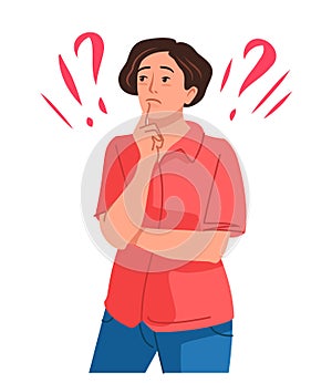 Young woman doubts and questioning everything. Thinking girl and question marks. Flat cartoon style vector illustration