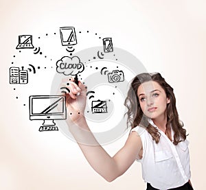 Young woman drawing a cloud computing on whiteboard