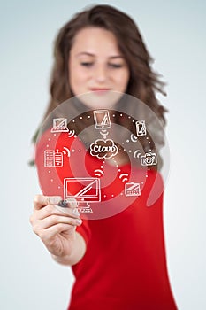 Young woman drawing a cloud computing on whiteboard