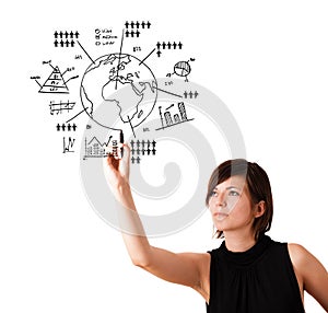 Young woman drawing globe with diagrams isolated on white