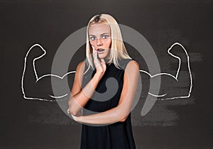 Young woman with drawn powerful hands