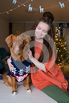Young woman dreadlocks spending time with her dog toller wearing sweater at home on holidays