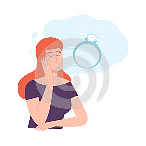 Young Woman Dreaming about Marriage, People Imagination Concept Cartoon Style Vector Illustration