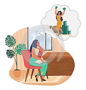 Young woman dreaming about money, flat vector illustration. Girl thinking about wealth.