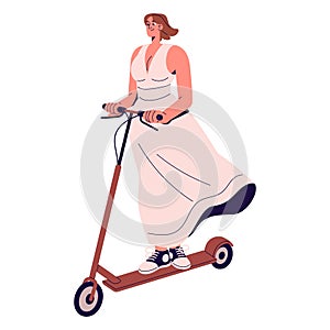 Young woman in dress rides on rental kick scooter. Girl drives electric transport, hold on handle of urban eco vehicle