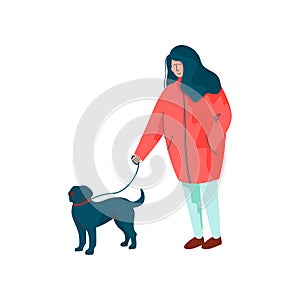 Young Woman Dressed in Seasonal Clothes Walking with Her Dog, Spring Season Outdoor Activities Vector Illustration