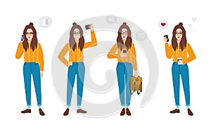 Young woman dressed in trendy clothes with smartphone. Hipster girl with mobile phone - texting, talking, taking selfie