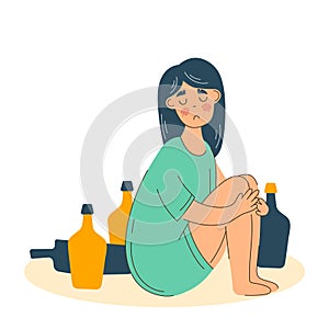 Young woman drinking alone. Alcohol abuse and depression problem of female. Woman alcoholism social problem.