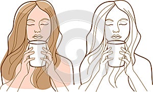 Young woman drinking a cup of hot tea or coffee. Simple line drawing