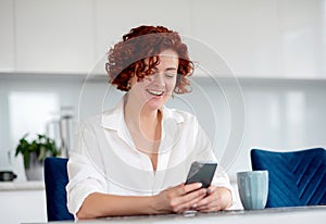 young woman drinking tea and using smartphone in her kitchen while getting ready to go to work. messaging with friends while
