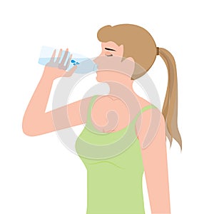 Young woman drinking water from plastic bottles.