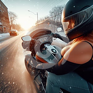young woman drive moped scooter in snow storm in winter time in a city trafficked road