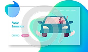 Young Woman Driving Car Landing Page Template. Female Driver Character Use Transport Sharing Service for Transportation