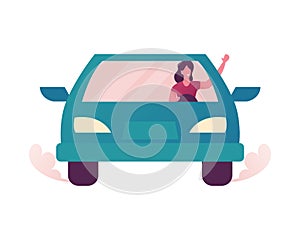 Young Woman Driving Car, Trip to Work or Shopping. Female Driver Character Use Transport Sharing Service