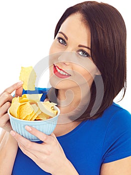 Young Woman Eating Baked Potato Crisps