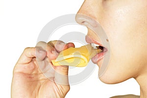 Young woman eating cheese