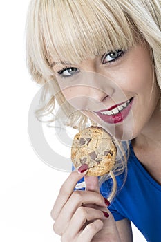 Young Woman Eating a Chocolate Chip Cookie Biscuit