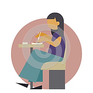 Young Woman Eating Delicious Asian Food, Cheerful Girl Sitting at Table Eating Sushi Cartoon Vector Illustration