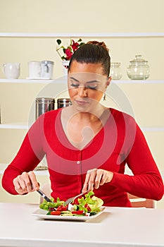 Young woman eating diet salad plate healthy weight loss food