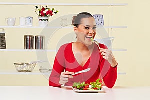 Young woman eating diet salad plate healthy weight loss food