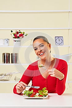 Young woman eating diet salad plate healthy weight loss food