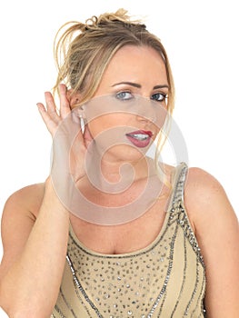 Young Woman Eavesdropping Listening Overhearing