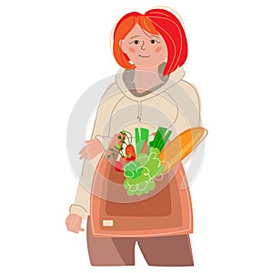 Young woman with eco bag full of fresh produce vegetables fruits and fresh baguette.vector illustration