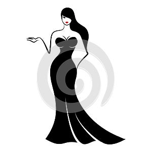 Young woman in an elegant long form-fitting black evening dress