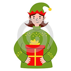 Young woman in elf hat with New Year gifts. Funny cartoon characters preparing for Christmas. Girl receiving presents