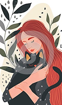 Young woman embraces her black cat. Vertical layout. Poster for animal shelters