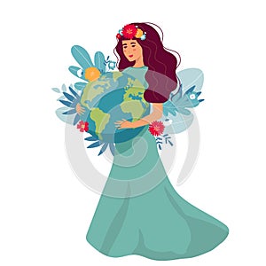 Young woman embraces planet Earth. Vector illustration of Earth day and saving planet. Environment conservation, energy