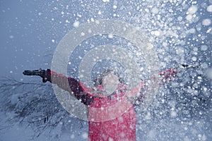 woman with snow flake flying