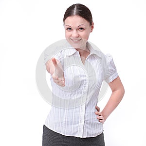 Young woman employee holding out his hand for a handshake. isolated on white.