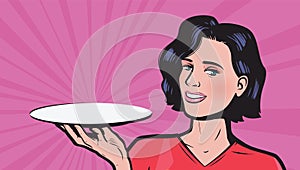 Young woman with empty tray in hand. Business concept vector illustration in style comic pop art