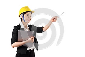 Young woman engineer holding digital tablet wtih smile isolated on white background