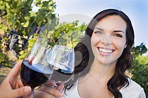 Young Woman Enjoying Glass of Wine in Vineyard With Friends