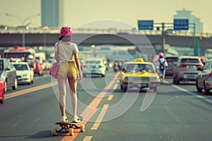 Young woman enjoying a leisurely ride on a longboard along a vibrant urban highway photo