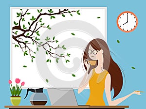 Young woman enjoying morning coffee and working on laptop computer , Vector illustration