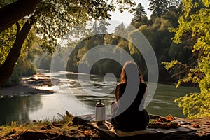 Young woman enjoying picnic by tranquil riverbank. Generative AI