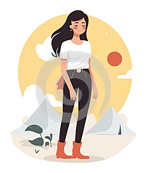 Young woman enjoying a sunny day, standing peacefully in nature. Female with black hair, white shirt, black pants, and