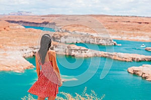 Young woman enjoying the view Lake Powell, Glen Canyon National Recreation Area