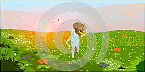 Young woman enjoys beautiful nature. A running girl with dandelions in her hands runs through a flower field. Tranquil landscape