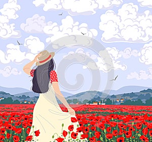 Young Woman Enjoys the Poppies Field