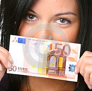 Young woman with euro banknote